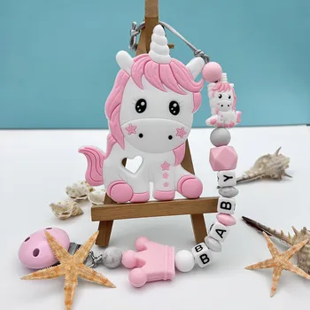 사용자 정의 영어 러시아어 알파벳 이름 유니콘 젖꼭지 클립 아기 유아 씹는 가죽 끈 젖꼭지 Kawaii teether에 대 한 체인 Teether