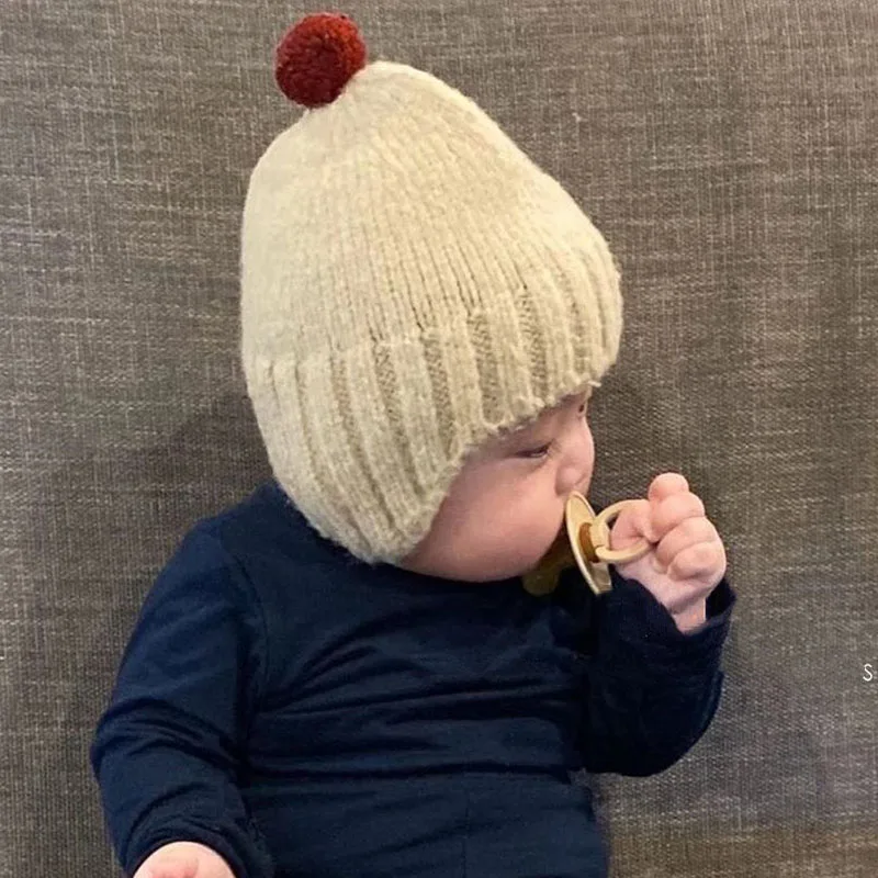 2023 Cute Pom Pom Kids Knit Hat Infant Beanie Caps For Girls Boys Soft Baby Bonnet Caps Elastic Spring Winter Korea Baby Hat