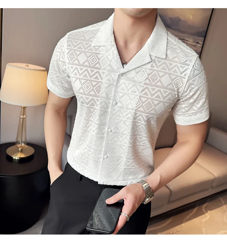 Spring/Summer Short Sleeved Shirt for Men Tailored Collar Lace Shirt Fashion Nightclub Social Party Tuxedo Blouse Streetwear