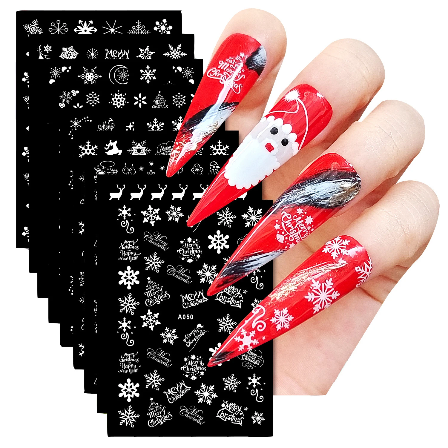 

9 Sheets Vairous White Christmas Snowflake X'mas Deer Adhesive Nail Art Stickers Decals Manicure Charms Accessories A050-A058