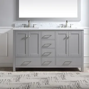 60" Double Bathroom Vanity Cabinet in Grey with Carrara Marble Top with White Basin and Back Splash