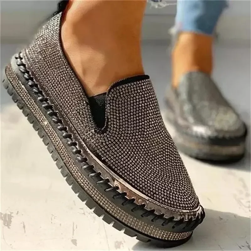 Ladies Flat Sequined Sneakers Casual Women's Mesh Lace-up Fine Diamond Sequins Thick-soled Comfortable  Vulcanized Shoes 6