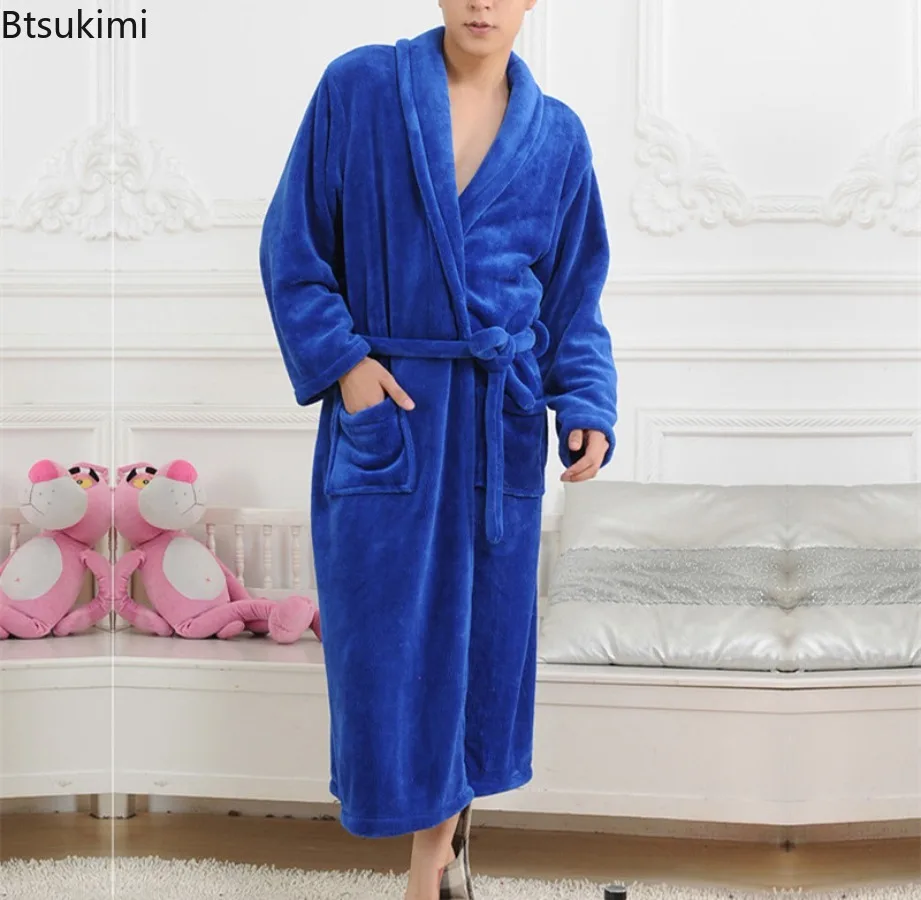 2024 Autumn Winter Couple Flannel Robes Sleepwear Thickened Coral Fleece Warm Nightdress Nightwear Loose Home Dress Lounge Wear autumn winter nightdress blue men casual coral fleece sleepwear warm couple home wear flannel belt pyjamas kimono bathrobe gown