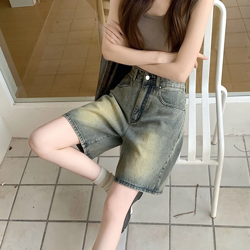 2024 Spring New Denim Shorts Women American Retro Straight Wide Leg High Waist Solid Color Casual Versatile Short Pants Female