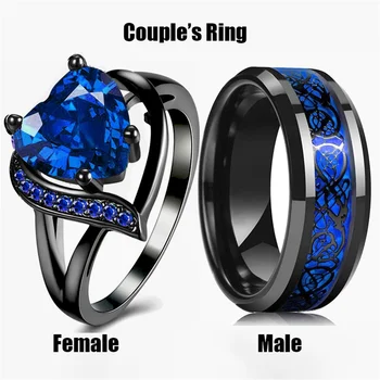 Couple Rings – Women’s Heart Blue Rhinestone & Men’s Stainless Steel Dragon Ring