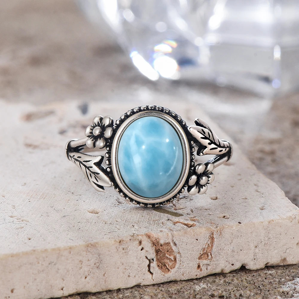 Vintage 925 Silver Ring With Natural Oval 8X10MM Larimar Stone Certified Rings With Plants Bohemian Flower Rings For Women 4