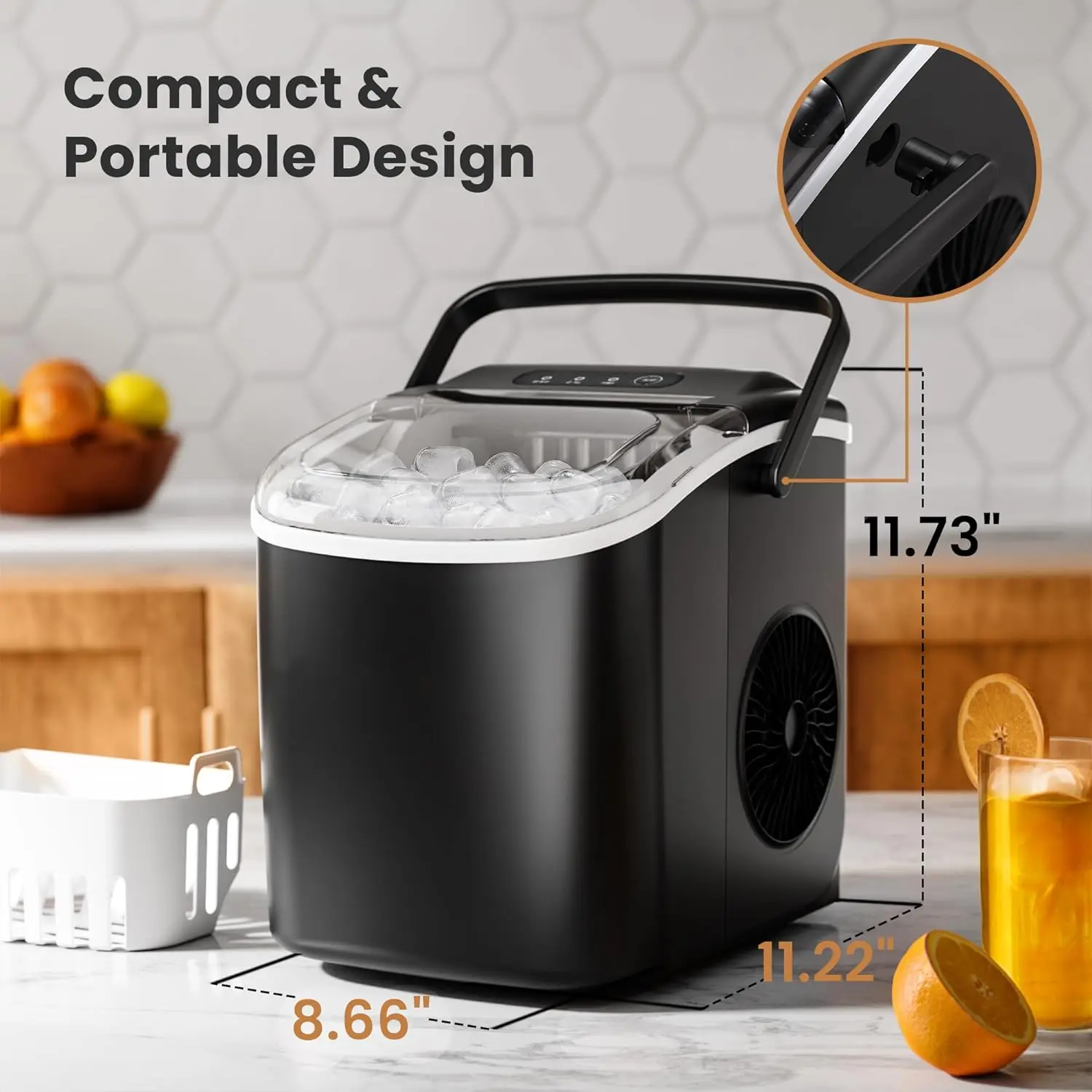 Countertop Ice Maker Machine, with Handle, 27lbs/24Hrs, 6Mins/9 Pcs ice Cubes, Countertop, Self-Cleaning with Ice Basket/Scoop 6
