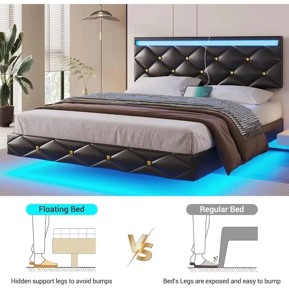 Queen Floating Bed Frame with Headboard,Upholstered Platform Bed Frame with Led Lights Faux Leather Low Profile Bed,Black 6