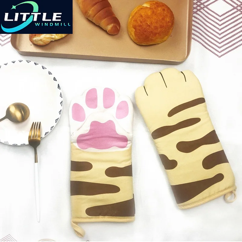 

Cute Cat Paws Oven Mitts Long Cotton Baking Insulation Microwave Animal Heat Resistant Non-slip Gloves Kitchen Cooking