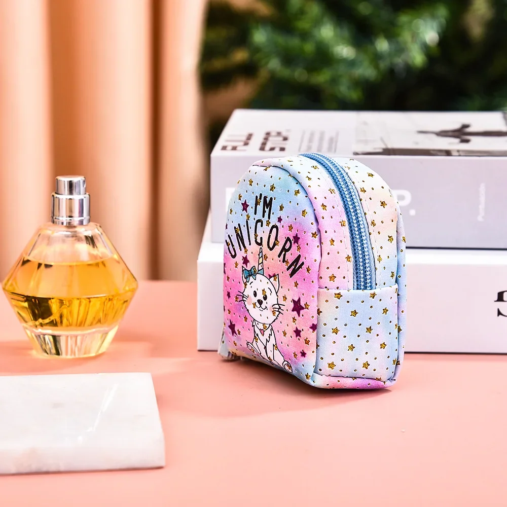 Cute Cartoon Unicorn Coin Purse PU Leather Zip Women Girl Mini Handbag Key Earphone Bag Kids Small Wallet with Keychain Pendants