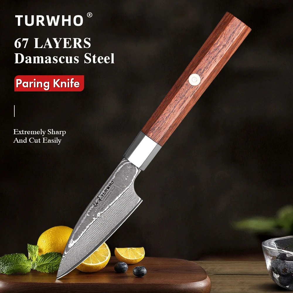 TURWHO-cuchillo de pelar de 3 ", cuchillo de cocina de acero damasco Real de 67 capas, cuchillo de fruta para pelar, cuchillo de cocina profesional hecho a mano