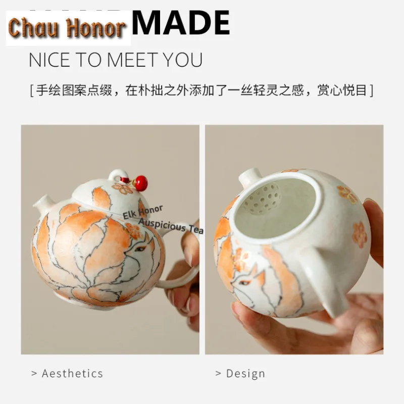 Pure Hand-drawn Nine-tailed Fox Travel Tea Set Kit Handmade 1 Pot 1 Cups Tea Brewing Organizer Portable Camping Tote Bag Gift
