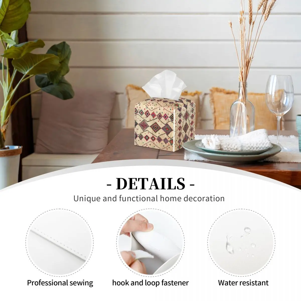 Custom Moroccan Berber Rug Boho Style Tissue Box Cover Square PU Leather Bohemian Geometric Facial Tissues Holder for Home 3