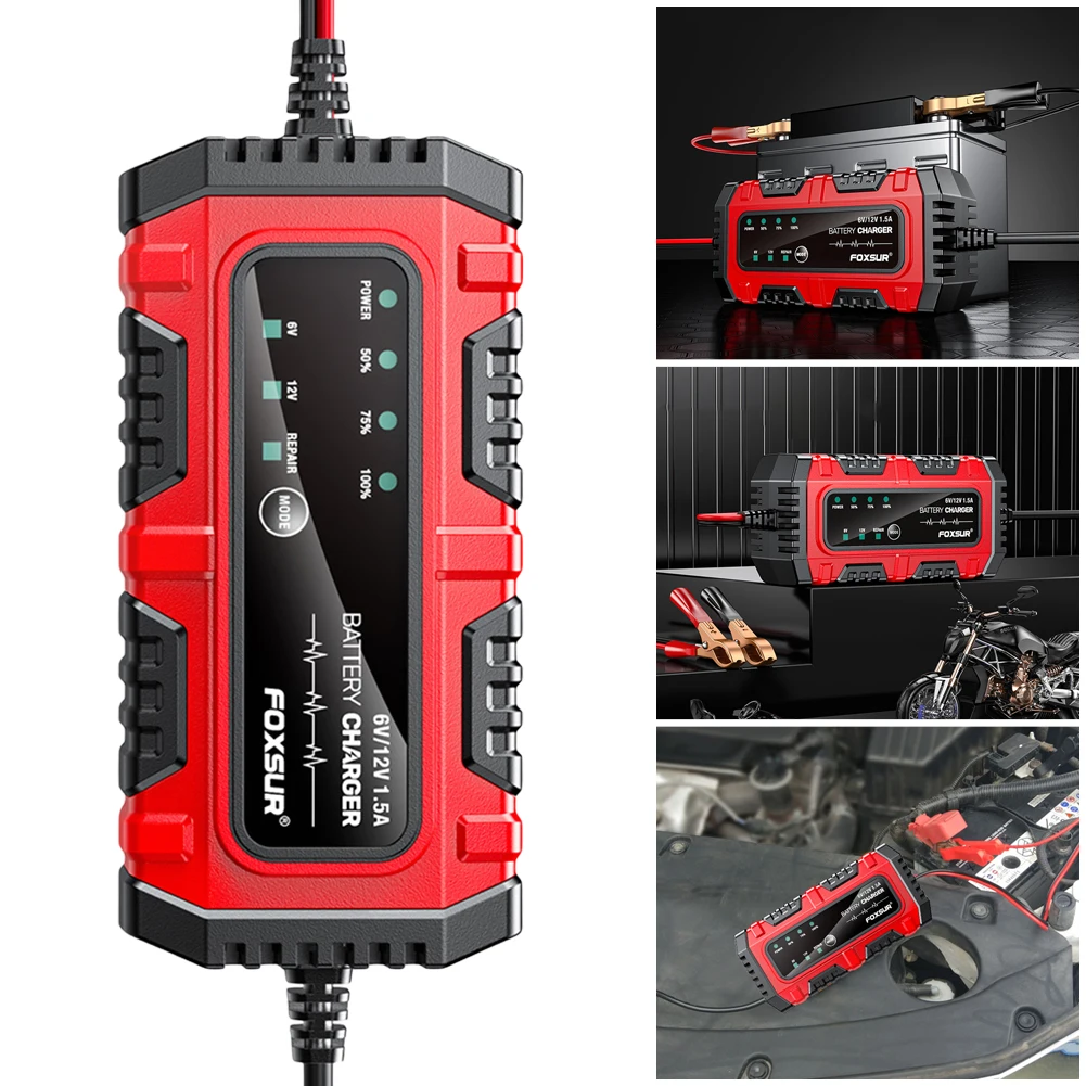 6V/12V 1.5A Car Battery Charger Electric Motorcycles Charger Smart Charger for Car Truck Boat SUV Lead-Acid AGM GEL Batteries - 2