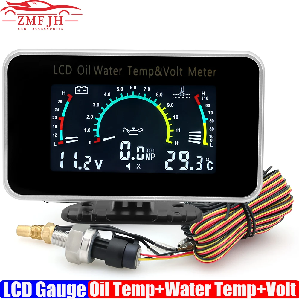 LCD Gauge Voltmeter 3 IN 1 Oil Temperature Water Temperature with Sensor 1/8NPT for Truck 12V24V