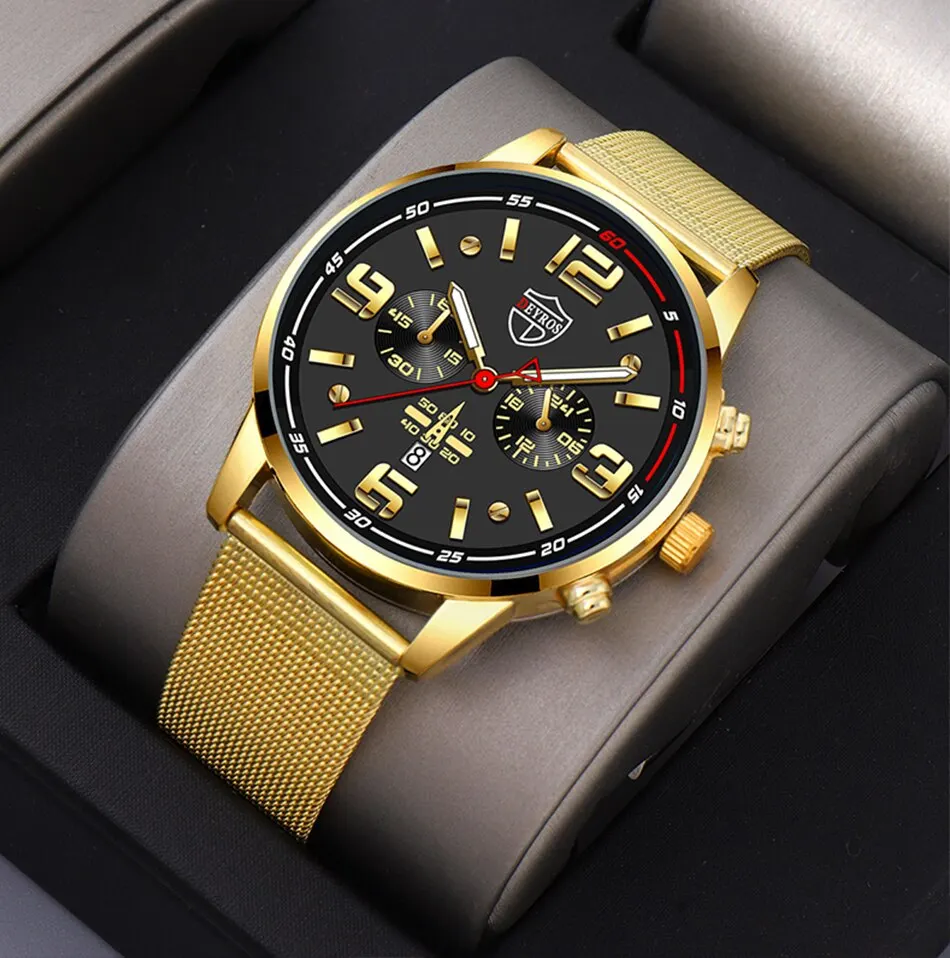 S9cf291005fa34dbe815ce797537fe208M 2PCS Fashion Mens Business Sports Watches Male Casual Stainless Steel Mesh Belt Quartz Watch Men Necklace Wrist Watch Mallzona