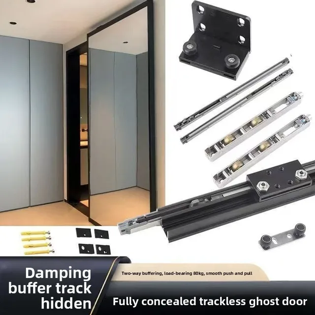 อุปกรณ์ประตูบานเลื่อนแบบซ่อน ปิดแบบนุ่มนวล ติดตั้งบนผนังภายใน รางเลื่อนแบบซ่อนด้านหลัง ไม่มีรางพื้น 1