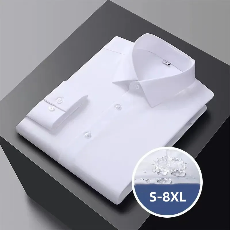 

New Men Stretch Shirt Bamboo Fiber Long Sleeve Anti-wrinkle Non-ironing Slim Fashion Casual Business Office White Shirts S-8XL