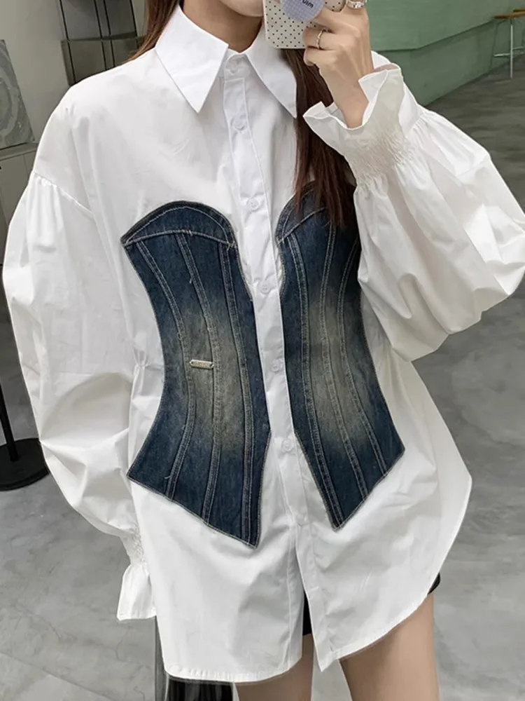 JNMC 긴팔 패치워크 데님 라펠 싱글 브레스트 허리 셔츠, 용수철 및 여름 신상 디자인, 2024