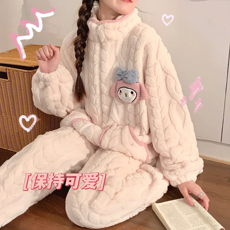 

Anime Kawaii Sanrio My Melody Kuromi Cinnamoroll Cartoon Women's Zipper Pajamas Autumn Winter New Plush Long Sleeve Home Suit