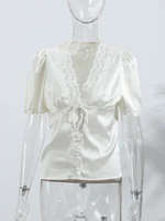 Rétro dentelle profonde col en v chemise femmes Chic solide à lacets boutons chemises minces femme 2025 été polyvalent mode rue hauts 6