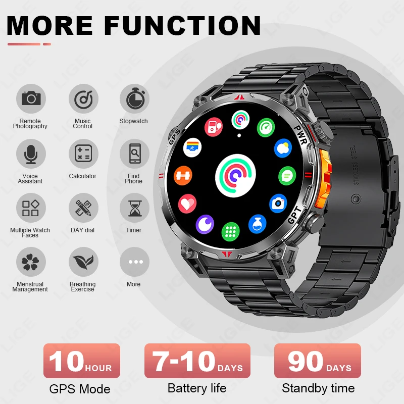 LIGE NEW 2025 GPS Smartwatch 1.39" HD Screen Compass Barometric Altimeter 530mAh Battery BT Voice Calling Smart Watch 107 Sports