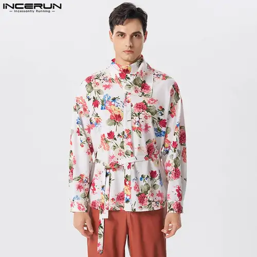 INCERUN 남성 패션 프린트 패턴 벨트 디자인 셔츠, 캐주얼 루즈핏 편안한 긴팔 블라우스, 2023 미국 스타일 3