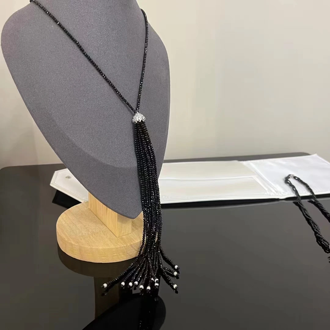 Natural Black Crystal Necklace Handmade long Necklace