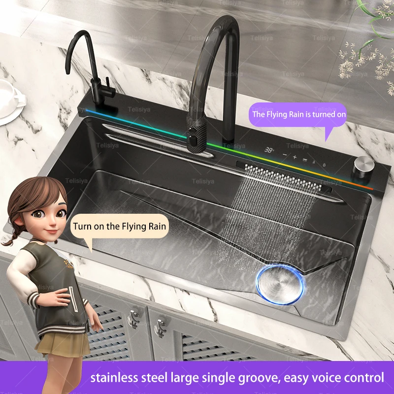 Stainless Steel Waterfall Kitchen Sink AI voice-controlled Large Single Slot Multifunctional Dishwashing Vegetable WashBasin