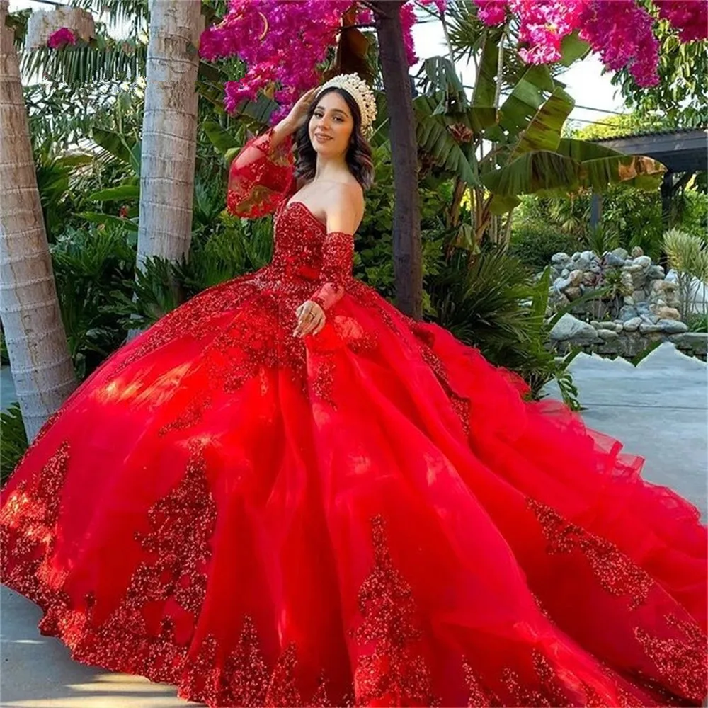 

Red Mexican Quinceanera Dresses Ball Gown Sweetheart Tulle Appliques Puffy Sweet 16 Dresses 15 Anos Charro