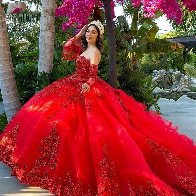 Vestidos de quinceañera mexicana, rojo, vestido de baile, escote