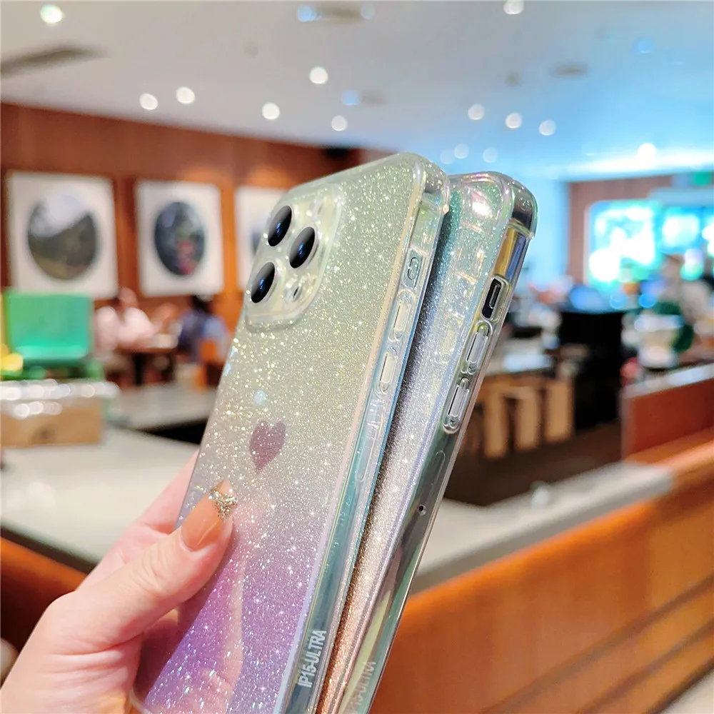 Glitter Love Heart Phone Case Shockproof Soft Gradient Cover_voghion.com