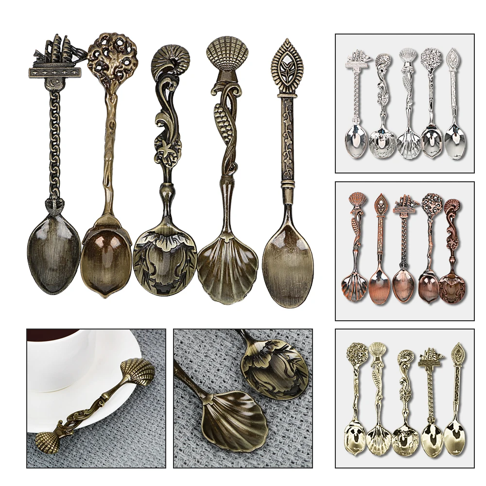 Stainless Steel Spoon Cutlery Set 5pcs/set Stainless Steel Spoon Sets Vintage Royal Style Small Tea Coffee Spoon Ice Cream Dessert for Snacks Party Carved