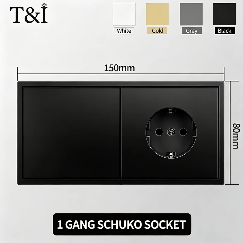 EU Power Socket with Built-in USB-C Fast Charging and Light Switch - Flush Mount Black Plate