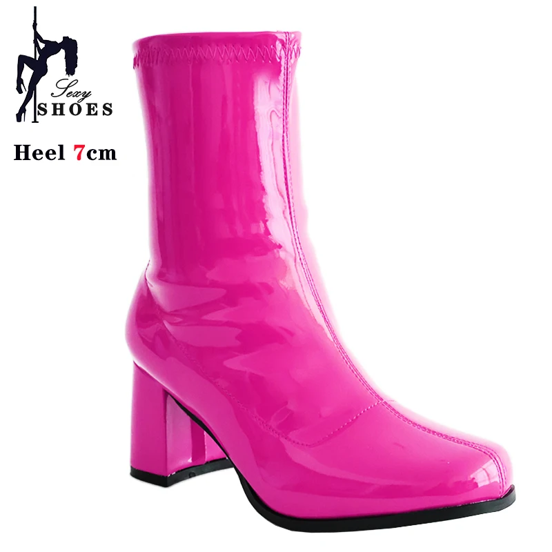 New 7cm High-heeled Cross Dressing Shoes Gogo Boots 60s 70s Square Heel Ankle Boots Sexy Round Toe Leather Zip Women Short Boots