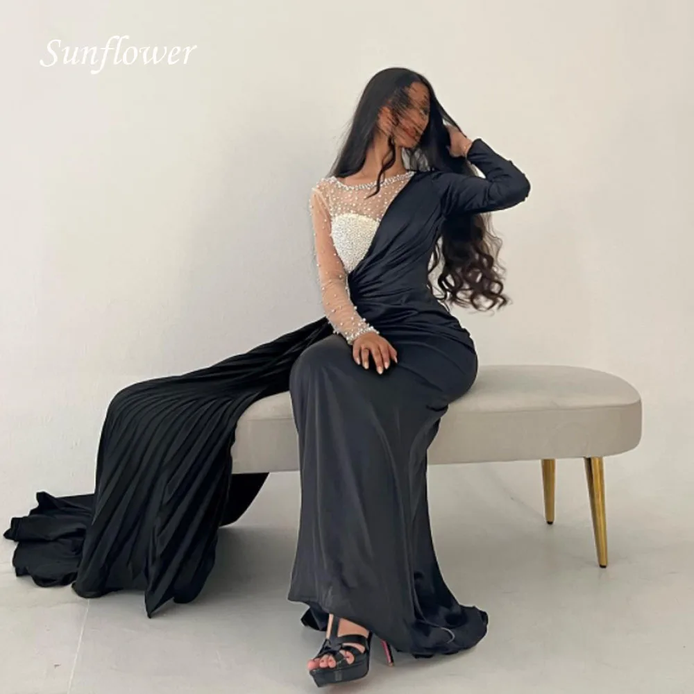 

Sunflower O-Neck Lace Sleeve Prom Gowns Satin Mermaid Evening Dress Slim Fit Side Split Party Dress 2023 Satin High-end Custom
