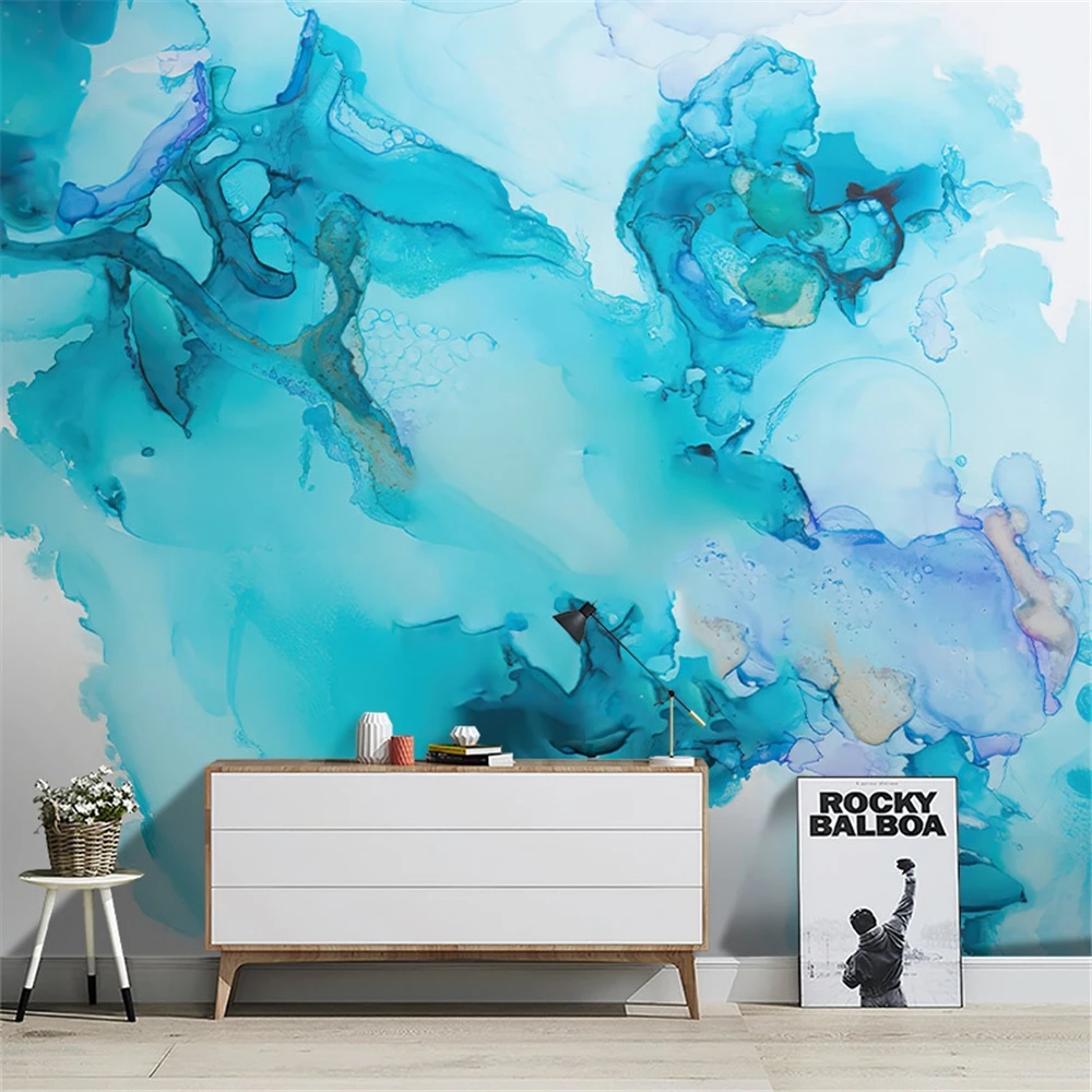 Custom Modern minimalist blue ink painting 3D wallpaper for living room TV background wall cloth marble wall papers home decor meisd creative round silent modern design wall clock home decor bright blue hanging clocks wall living room watch free shipping