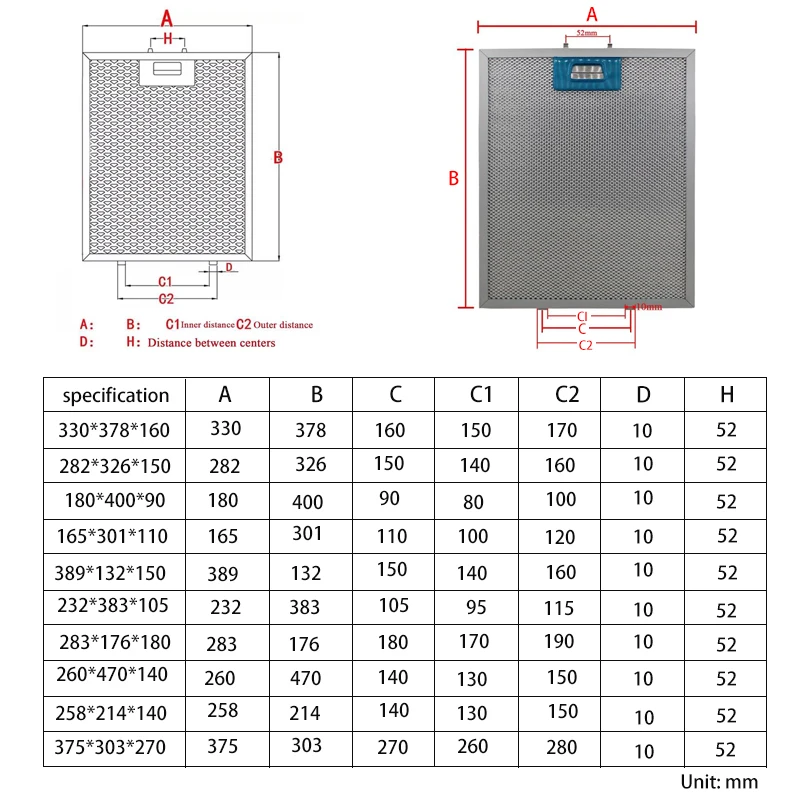 330X378 282X326 180X400 165X301 range hood filter Exhaust hood metal dust filter Cooker Hood Mesh Filter Metal Grease Filter