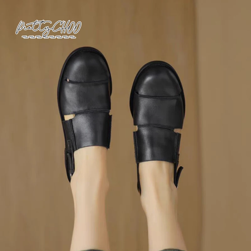 Soft Leather Greek Sandals Woman Retro Round Closed Toe Slingback Shoes Ladies Summer Cut-Out Buckle Strap Flat Zapatos