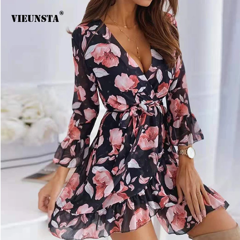 

New Summer Sexy V-neck Printed Mini Dress 2024 Hot Selling Casual Long Sleeved Waist Tie Up Slim Fit Elegant Ruffle Edge Dresses