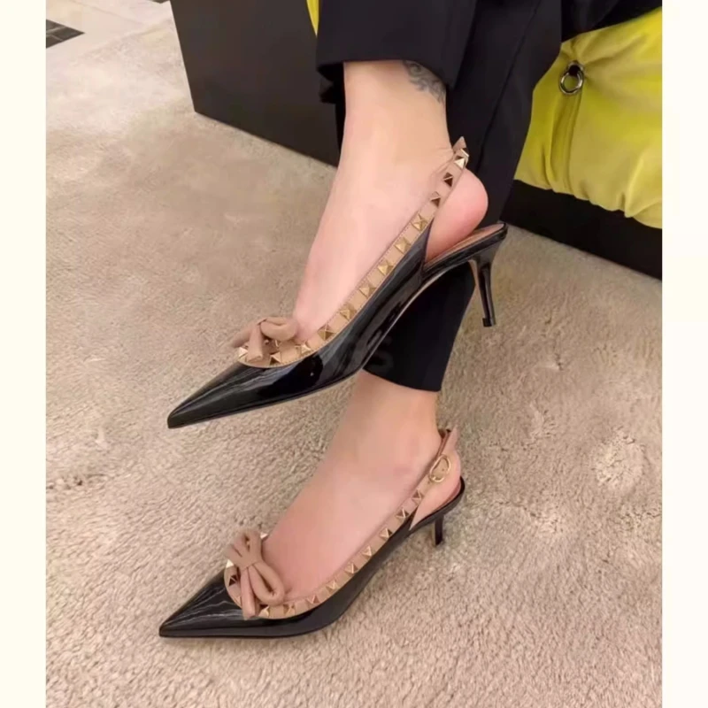 

Bow-toe Sandals Women's Stiletto Heel 2024 Summer New Pointed One-toe High-heeled Shoes with Patent Leather Rivet for Women