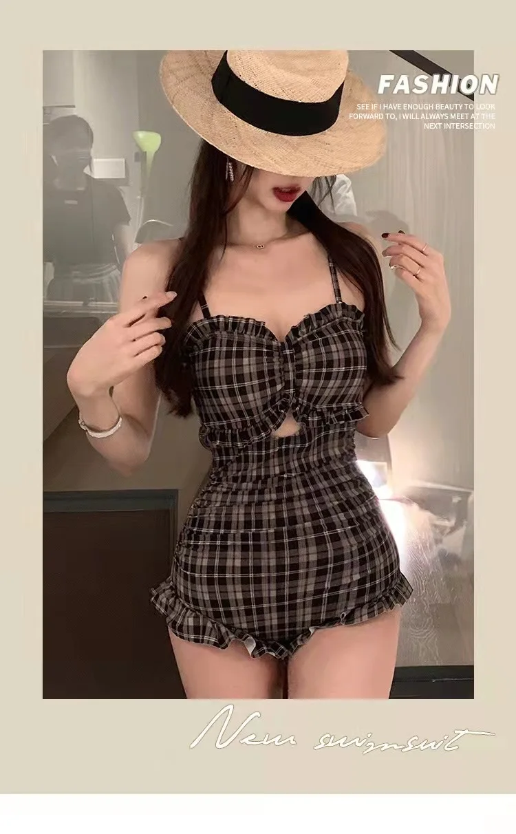 shein bathing suit cover ups The new fashion One-piece swimming suit single shoulder strap plaid print is cute   swimsuit Free Shipping summer beach maxi dresses