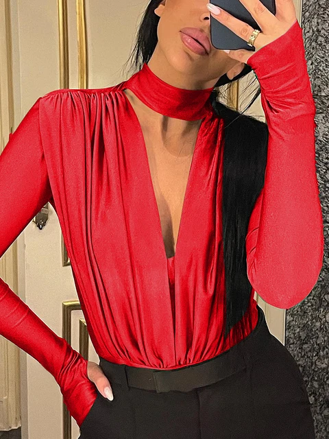 

Casual Streetwear Sport Y2K Draped Buttons Sexy Slim Bodysuit 2023 Winter Deep V Neck Long Sleeve Solid Women Fashion