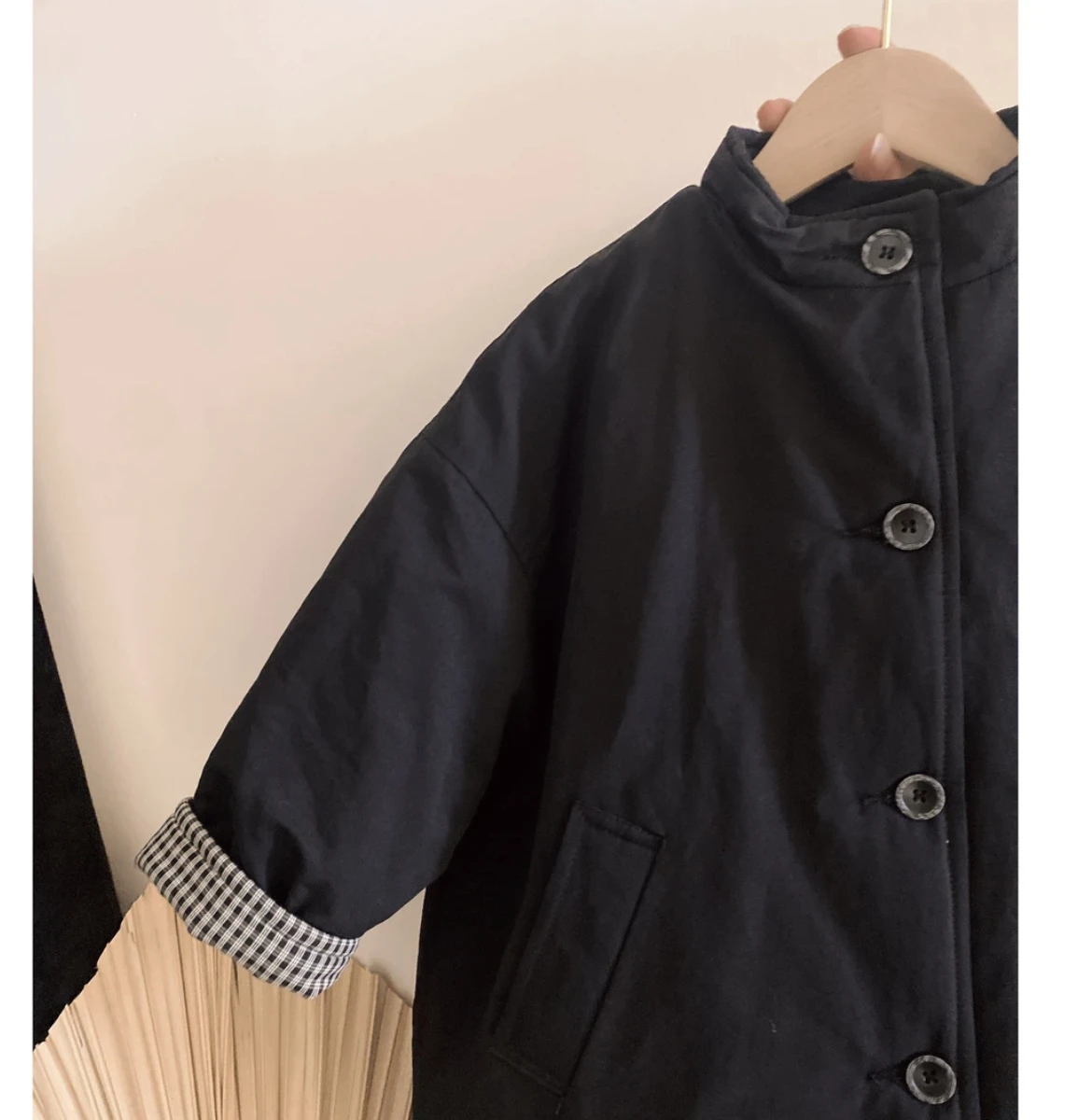 한국 스타일 아동용 가을 겨울 면 재킷 남아 여아 중간 길이 면 코트 바람막이 두꺼운 스탠드 칼라 싱글 버튼