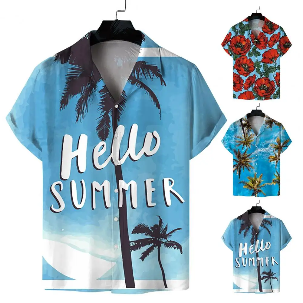 

Summer Lapel Short Sleeve Buttons Placket Men Shirts Floral Hawaiian Beach Shirt Men Coconut Tree Print Loose Vacation Shirt
