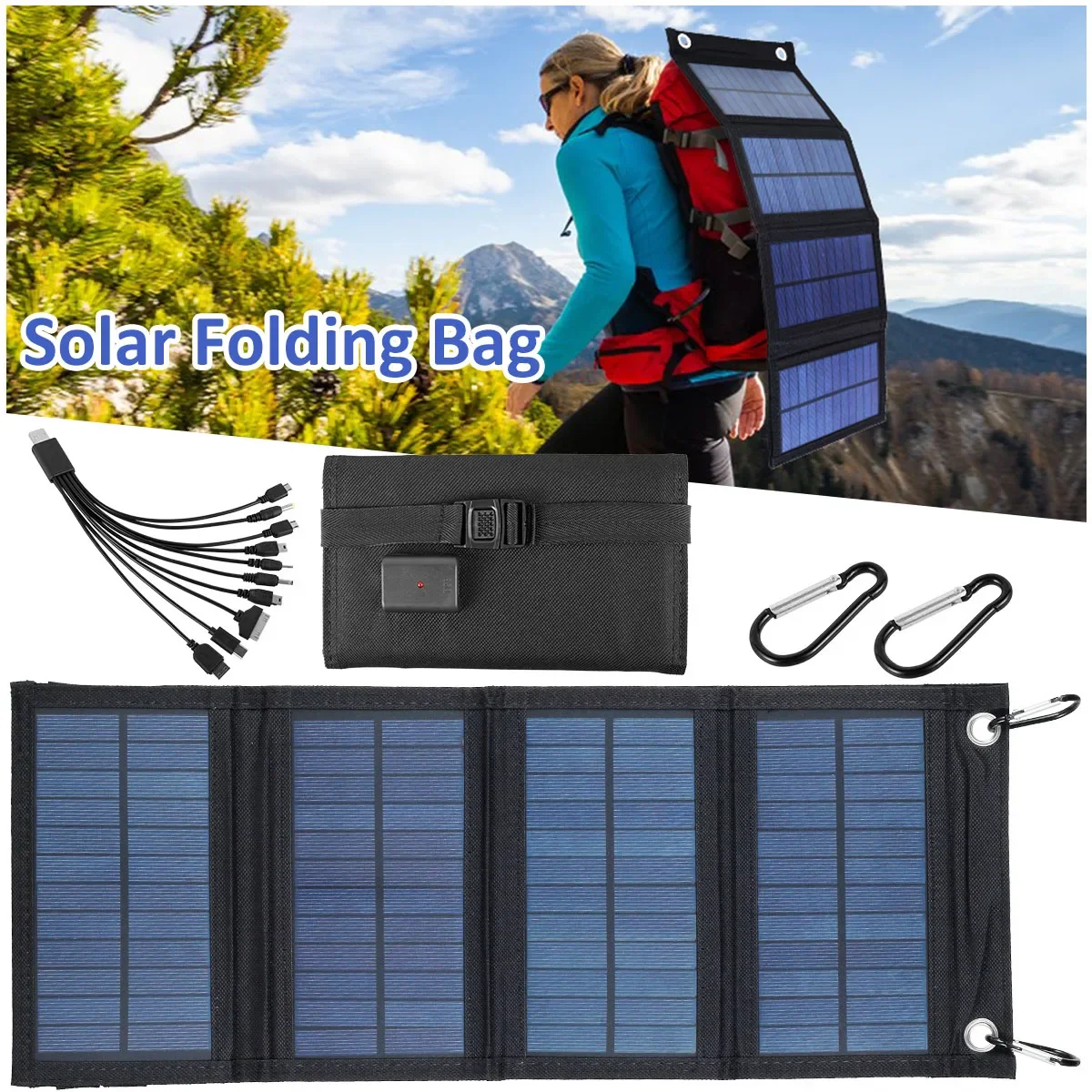 

100W Solar Panel Folding Charger IP65 Waterproof USB Solar Power Charger with 2 Hooks and 1 Adapter Lightweight Outdoor Power