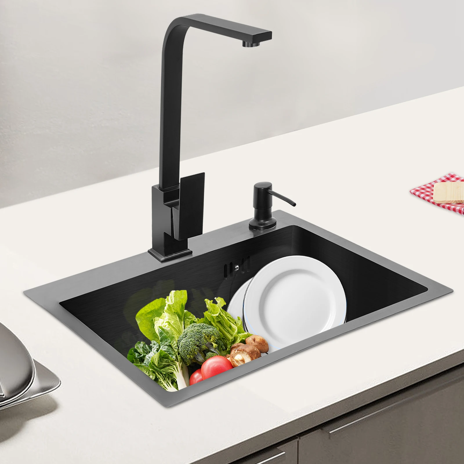 Edelstahl-Küchenspüle mit Wasserhahn, Unterbau/Unterputzmontage, 40,6 cm, großes Einzelbecken, Seifenspender, Abflusskorb für die Küche – Detail 18