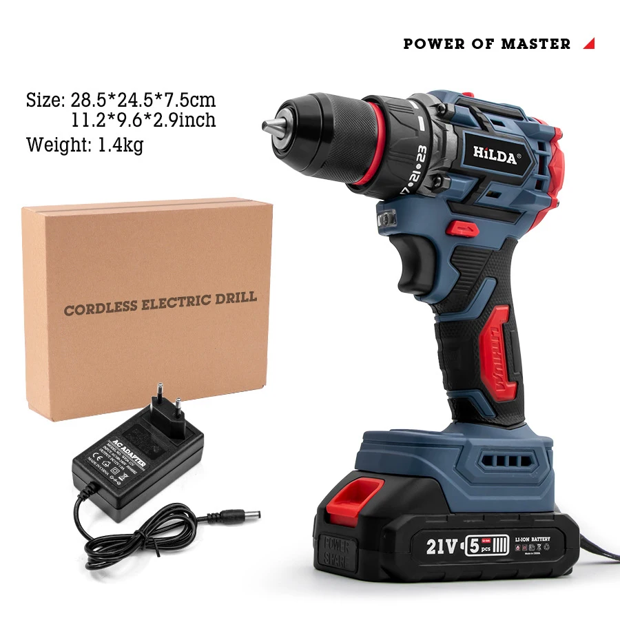 16.8V/21V Cordless Drill 10MM 3/8'' Keyless Chuck 1.3Ah Li-Ion Battery 2 Variable Speed for assembling repairing and DIY