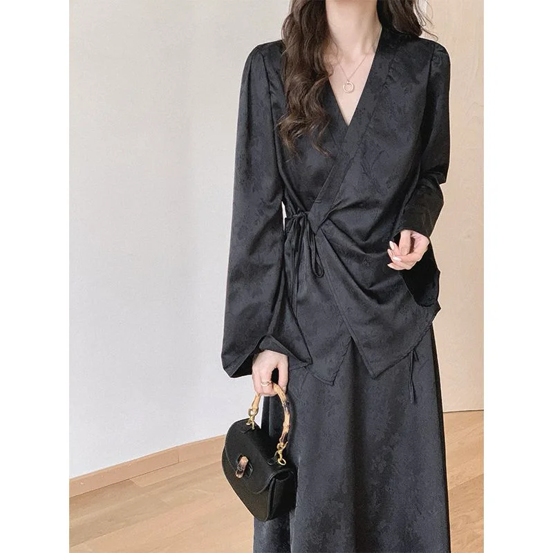 Chinese Style Fashion Women's Spring/Summer Retro Satin Frenulum Shirt Top+ Half Skirt Two Piece Set S-XXL