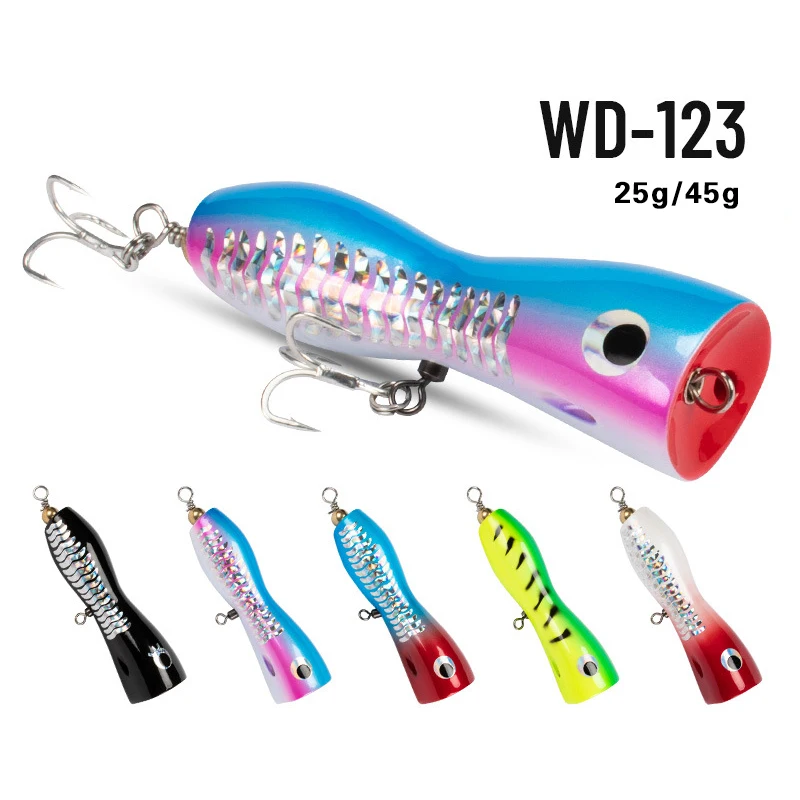 25g 45g Deep-sea Boat Fishing Lure Wood Popper Wood Bait Trolling with Hook  Handmade Wooden Topwater GT Bait Woodend Popper Lure